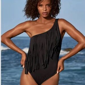 NWOT Carmen Marc Valvo One Shoulder Swimsuit Black Fringe One Piece!